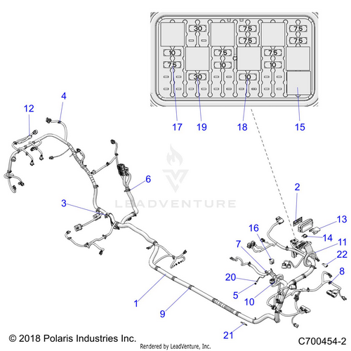 An Image of a Genuine Polaris Parts Schematic Diagram showing the schematic - ELECTRICAL: WIRE HARNESS - 2019 POLARIS RZR XP 4 TURBO S VELOCITY