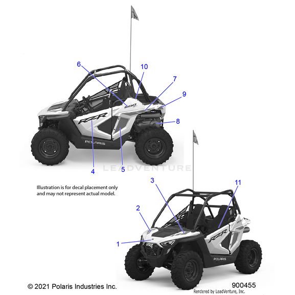 An Image of a Genuine Polaris Parts Schematic Diagram showing the schematic - BODY: DECALS - 2022 POLARIS RZR 200