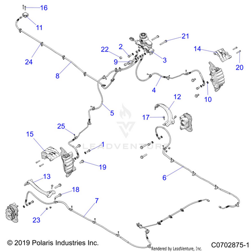 An Image of a Genuine Polaris Parts Schematic Diagram showing the schematic - BRAKES: BRAKE LINES AND MASTER CYLINDER - 2020 POLARIS RZR PRO XP