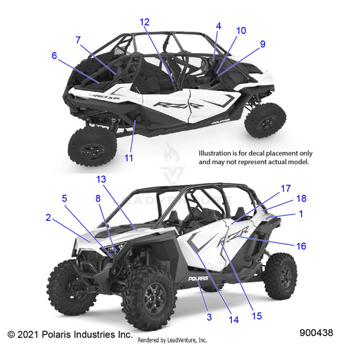 An Image of a Genuine Polaris Parts Schematic Diagram showing the schematic - BODY: DECALS - 2022 POLARIS RZR PRO XP 4 ULTIMATE ROCKFORD LE