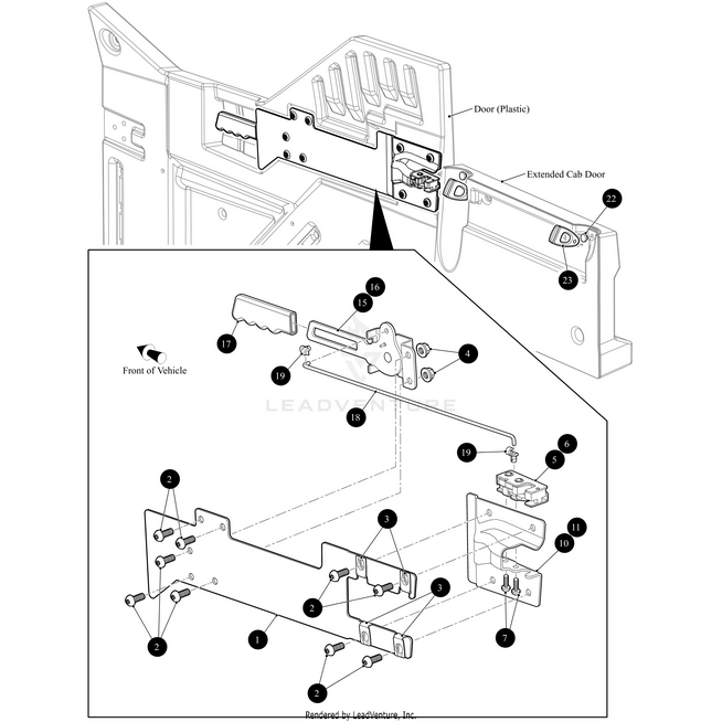 Technical diagram shows installing a plastic extended cab door with numbered parts, such as screws, brackets, and the Latch Bracket Mount Right Black by Arctic Cat from Witchdoctors.com.