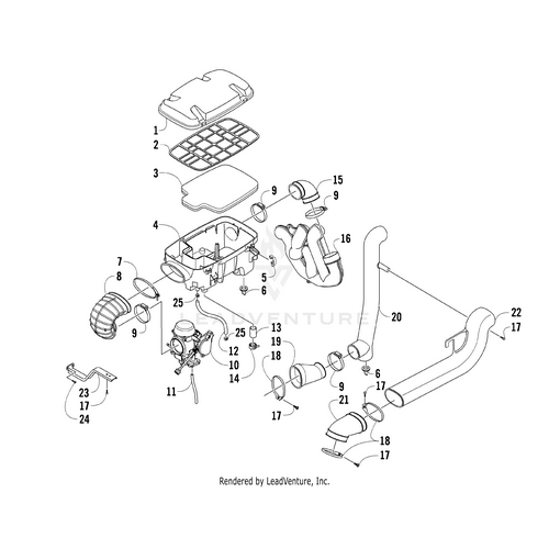 Exploded diagram of an engine air intake system with numbered parts, including the Air Box Bottom by Arctic Cat, intake tubes, hoses, clamps, and OEM Arctic Cat parts for Wildcat, Prowler, and Alterra models—all clearly labeled.