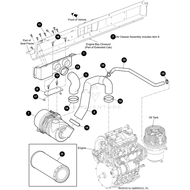 Black and white diagram of an Arctic Cat UTV engine bay showing labeled parts, including the Hex Nut Flange Lock M8X1.25 by Arctic Cat, air cleaner assembly, seat frame, pipes, oil tank, engine, and a close-up of a cylindrical filter.