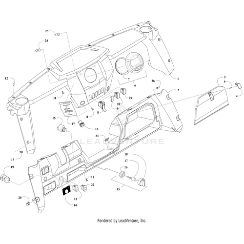 Exploded diagram of an Arctic Cat UTV dashboard assembly with numbered parts, including the main panel, side panels, buttons, and the Turn Signal Switch by Arctic Cat—all separated and clearly labeled for identification.