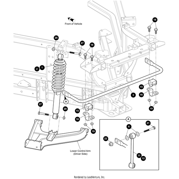 Line drawing diagram of a vehicles lower control arm and suspension (driver side), featuring the Arctic Cat Shock 50.8mm Body Rear for Stampede 4 models, plus bolts, bushings, and brackets with numbered labels for easy installation.