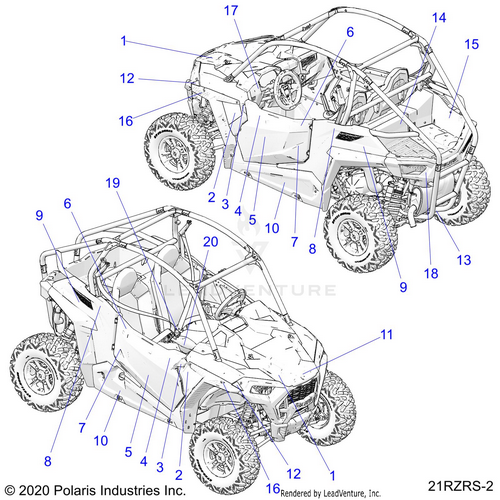 An Image of a Genuine Polaris Parts Schematic Diagram showing the schematic - BODY: DECALS - 2021 POLARIS RZR TRAIL S 1000 EPS