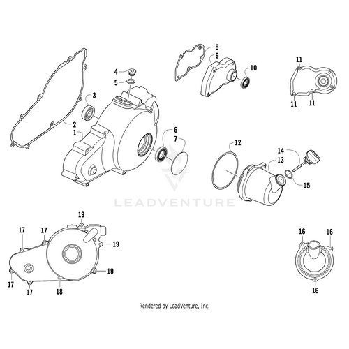 Exploded view of Arctic Cat Vtwin-Mach engine casing with 19 numbered parts, including the Oil Filler Cover Vtwin-Mach by Arctic Cat, covers, gaskets, bolts, and seals—shown separated for OEM part identification.