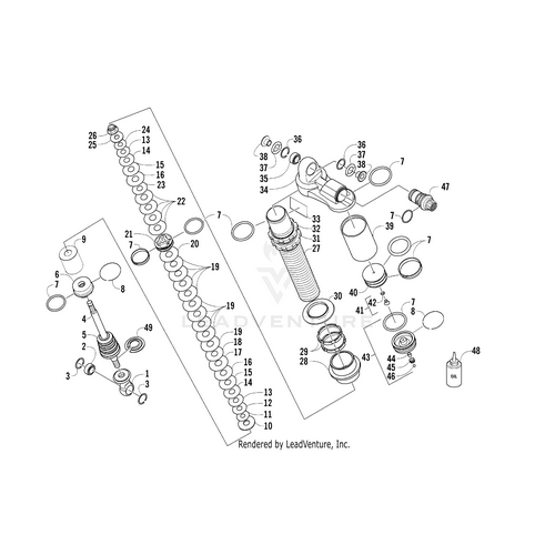 Exploded diagram of a motorcycle front fork assembly with numbered parts, perfect for reference or sourcing OEM Arctic Cat parts like the Valve .900 Od X .504 Id X .015 Th by Arctic Cat (part no. 0404-386).