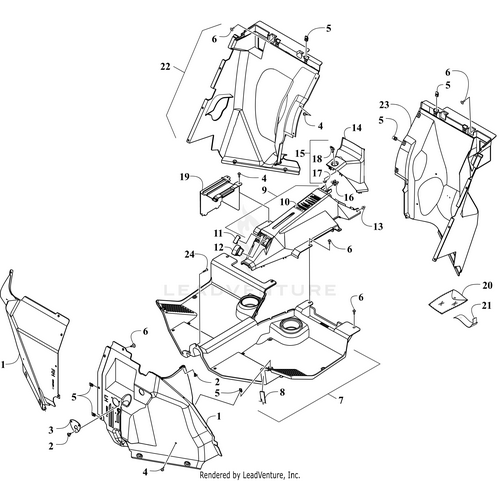 Exploded diagram featuring the Panel Rear Splash - Left by Arctic Cat, with each body component, including covers, screws, and brackets, separated and labeled—ideal for identifying OEM Arctic Cat UTV parts during assembly.