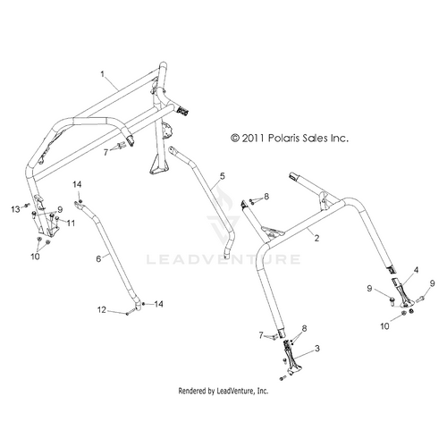 An Image of a Genuine Polaris Parts Schematic Diagram showing the schematic - CHASSIS: CAB FRAME and SIDE BARS - 2015 POLARIS RZR 570
