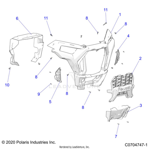 An Image of a Genuine Polaris Parts Schematic Diagram showing the schematic - BODY: FRONT BUMPER - 2021 POLARIS RZR TRAIL S 1000 EPS