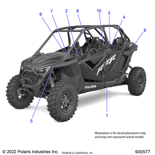 An Image of a Genuine Polaris Parts Schematic Diagram showing the schematic - BODY: DECALS STANDARD - 2024 POLARIS RZR TURBO R 4 SPORT