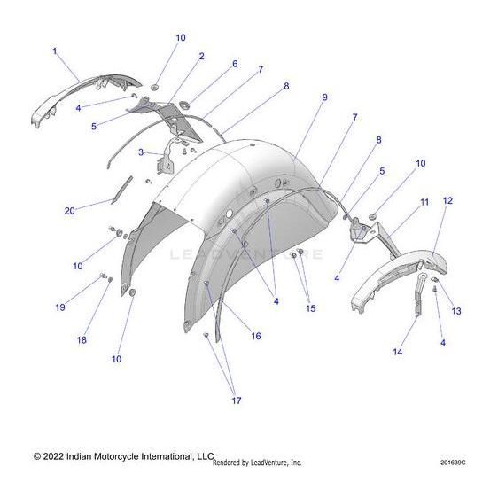 Exploded diagram of the Closeout Fender Upper RH Ssrdmet [Sunset Red Metallic] by Polaris, showing separated OEM parts and screws for clarity, including the main fender, mounting brackets, supports, and fasteners.