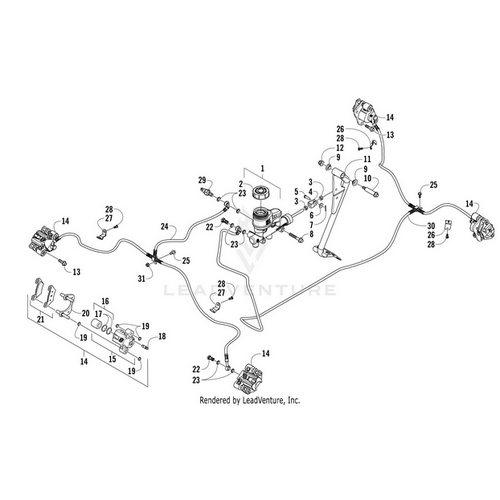 Exploded technical diagram of the Caliper Assembly (Inc. 15-21) Front & Rear Left by Arctic Cat, showing labeled OEM parts like brake calipers, master cylinder, hoses, and connectors for easy identification on UTV and ATV models.