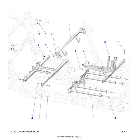 An Image of a Genuine Polaris Parts Schematic Diagram showing the schematic - CHASSIS: SEAT AND CENTER CONSOLE MOUNTING - 2023 POLARIS RZR PRO R 4 ULTIMATE TROY LEE DESIGNS