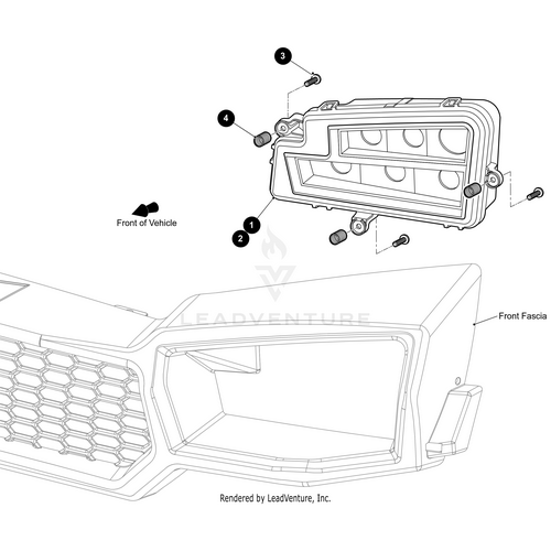 Line drawing shows placement and mounting of the Headlight LED Low/Hi Beam 12V SAE Right by Arctic Cat using four numbered screws and directional guides, compatible with OEM Arctic Cat parts and featuring both low and high beam options.