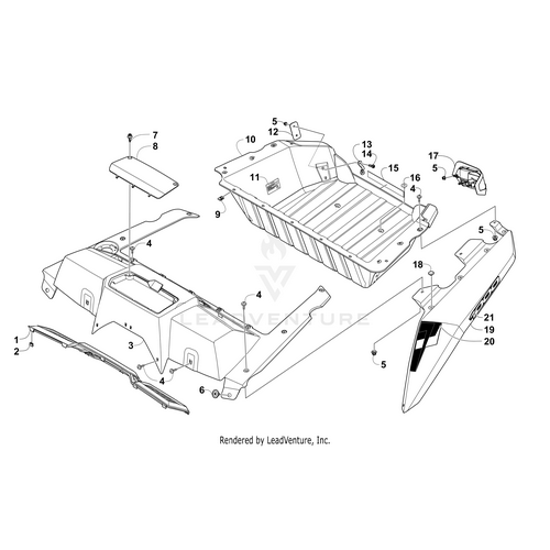 Exploded diagram of a vehicle trunk assembly showing panels, latches, and fasteners. Features numbered placement for the Rear Fender Decal-Left (Matt Blk) by Arctic Cat to help identify OEM Arctic Cat parts or UTV ATV accessories easily.