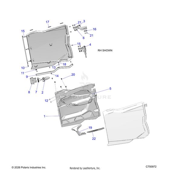 An Image of a Genuine Polaris Parts Schematic Diagram showing the schematic - BODY: DOORS REAR - 2026 POLARIS RZR PRO R 4 LE