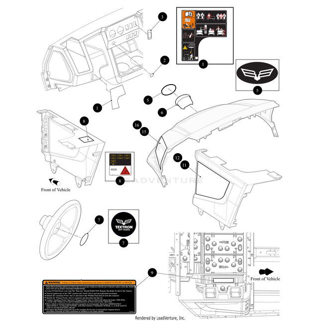 Diagram labeling components of a vehicle dashboard, featuring dashboard panels, steering wheel, controls, Arctic Cat parts, Seat Wrap Decal Prowler Ev Tt Kanati Left by Arctic Cat, warning labels, and switches with numbered parts for easy ID.