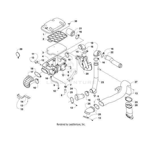 Exploded diagram of an air intake system with numbered components, featuring the Arctic Cat Air Box Top Fabricated (R/B 1470-221), tubing, clamps, and connectors to show how OEM Arctic Cat parts and UTV ATV accessories assemble.