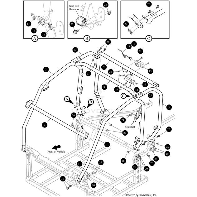 Black and white diagram showing the Rops Side Right Black-Weld by Arctic Cat, with labeled components, bolts, brackets, mounting points, and detailed views of the seat belt retractor and OEM Arctic Cat parts.