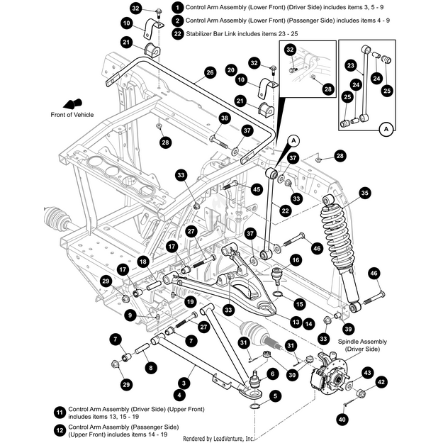 Diagram of a vehicle’s front suspension system with labeled parts, including control arms, stabilizer bar link, shock absorber, spindle assembly, and the Arctic Cat A-Arm - Front Upper Right, each with numbered OEM Arctic Cat part callouts.