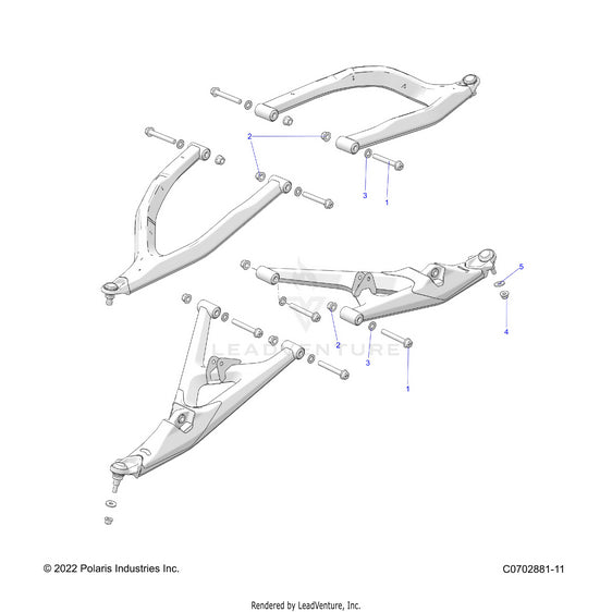 An Image of a Genuine Polaris Parts Schematic Diagram showing the schematic - SUSPENSION: FRONT CONTROL ARMS MOUNTING - 2023 POLARIS RZR PRO R 4 SPORT