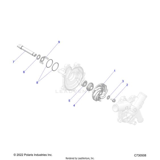 An Image of a Genuine Polaris Parts Schematic Diagram showing the schematic - ENGINE: WATERPUMP ASSEMBLY - 2023 POLARIS RZR XP 1000 SPORT