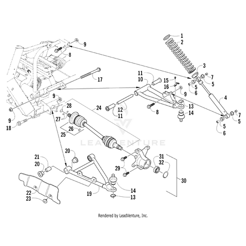 Exploded diagram displaying labeled parts of an Arctic Cat Wildcat’s suspension and steering assembly, featuring the Suspension Spring - Blue by Arctic Cat, as well as control arms, tie rods, ball joints, driveshaft, and other OEM parts.