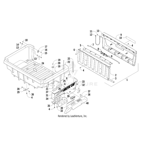 Exploded diagram of a truck bed and tailgate assembly featuring various numbered parts, including the OEM Arctic Cat Cargo Box Decal - Left, plus bed, tailgate, latches, hinges, and bolts—all labeled with corresponding reference numbers.