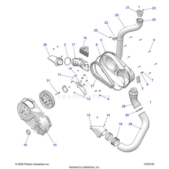 An Image of a Genuine Polaris Parts Schematic Diagram showing the schematic - DRIVE TRAIN: CLUTCH COVER AND DUCTING - 2023 POLARIS RZR XP 1000 SPORT