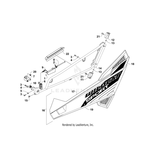 Exploded diagram of a Wildcat Sport Arctic Cat UTV frame featuring the Door Decal Upper-Left (Red) by Arctic Cat with labeled parts, bolts, and OEM numbers for assembly reference.