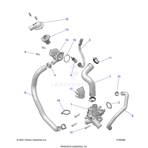 An Image of a Genuine Polaris Parts Schematic Diagram showing the schematic - ENGINE: WATERPUMP AND BYPASS - 2022 POLARIS RZR PRO XP 4 ULTIMATE
