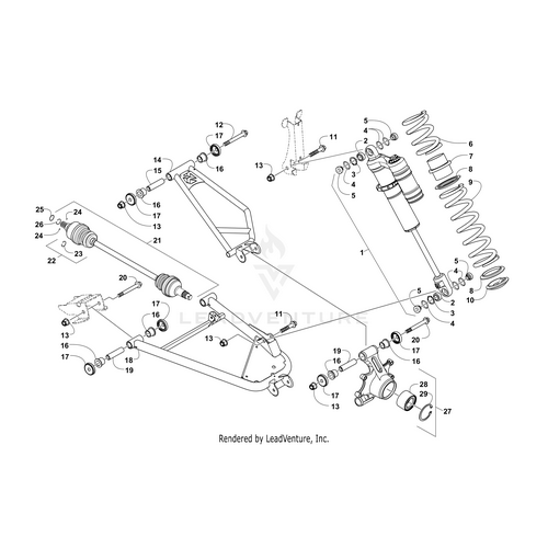 Exploded suspension diagram with numbered parts, including shocks, springs, control arms, axles, and the Arctic Cat Coupler Spring 30Mm X 30Mm Rb: 1504-385—ideal for identifying OEM Arctic Cat parts. LeadVenture, Inc. watermark shown.