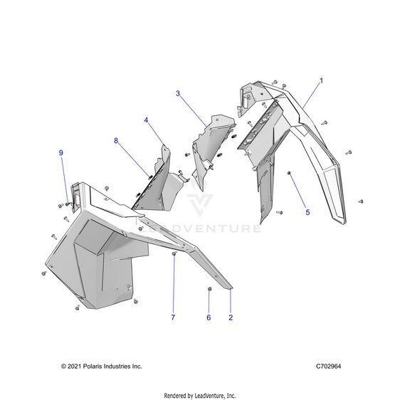 An Image of a Genuine Polaris Parts Schematic Diagram showing the schematic - BODY: FRONT FENDER FLARES - 2023 POLARIS RZR TURBO R PREMIUM