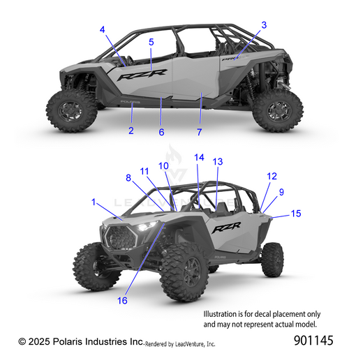 An Image of a Genuine Polaris Parts Schematic Diagram showing the schematic - BODY: DECALS - 2026 POLARIS RZR PRO XP 4 SPORT