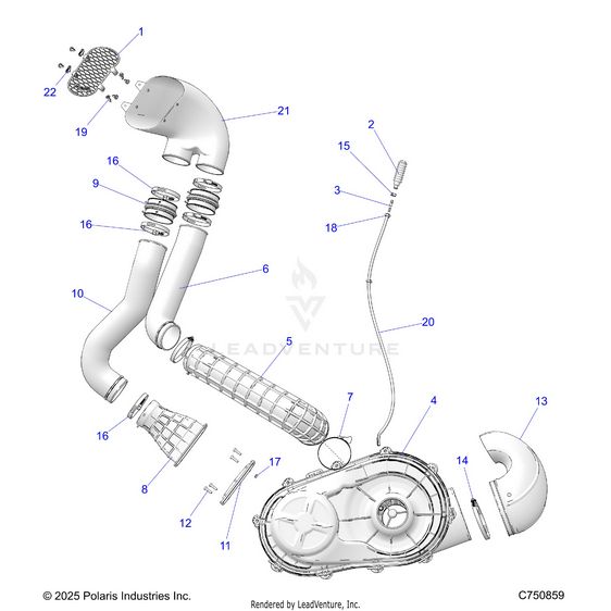 An Image of a Genuine Polaris Parts Schematic Diagram showing the schematic - DRIVE TRAIN: CLUTCH COVER DUCTING - 2025 POLARIS RZR PRO R RACE