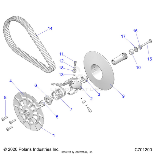 An Image of a Genuine Polaris Parts Schematic Diagram showing the schematic - DRIVE TRAIN: SECONDARY CLUTCH - 2020 POLARIS RZR PRO XP