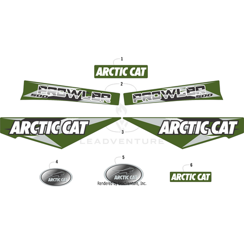 An Arctic Cat Fender Decal - Inner - Left for Prowler 500, featuring OEM green and white design, fits left side panel and displays authentic Arctic Cat branding.