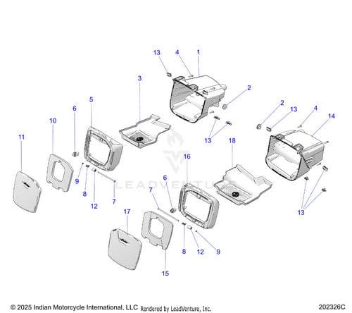 Exploded diagram showing numbered components for the Indian Motorcycle saddlebag assembly, featuring Genuine OEM parts like the Seal Door RH by Polaris, with each Polaris factory-direct part clearly labeled for easy identification.