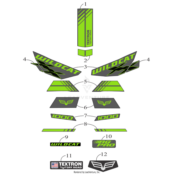 An illustrated sticker kit for Textron Wildcat off-road vehicles featuring the Arctic Cat Fender Decal-Front-Left (Wc Xx), with labeled green, black, and gray decals like WILDCAT, 1000, PRO—ideal for Wildcat Prowler Alterra and OEM Arctic Cat parts.