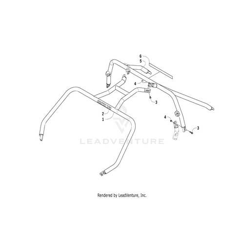 Line drawing of Rops Rear - 10Mm - Painted Blk by Arctic Cat with six labeled metal parts, including bent tubes, connectors, and bolts. Compatible with OEM Arctic Cat parts and UTV ATV accessories—great for vehicles or machinery.