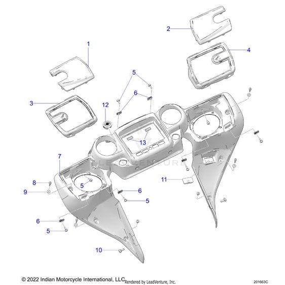 Exploded diagram of Dash Inner Hvymtg | [Heavy Metal Gloss] by Polaris shows 13 numbered OEM parts—panels, screws, covers, central display—all spaced for clarity and labeled; features unique Heavy Metal Gloss finish details.