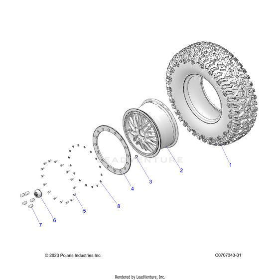 An Image of a Genuine Polaris Parts Schematic Diagram showing the schematic - WHEELS: FRONT/REAR - 2023 POLARIS RZR PRO R 4 ULTIMATE TROY LEE DESIGNS