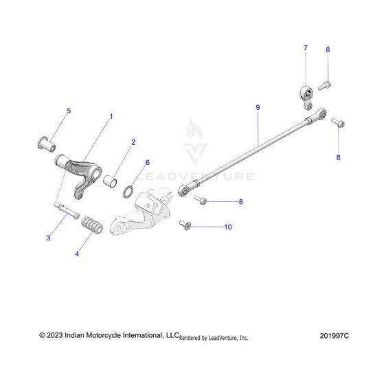 Exploded diagram of a Shifter Forward Black [Includes 1 4] by Polaris, showing numbered rods, bolts, nuts, springs, and brackets—OEM Indian Motorcycle and Polaris components on a white background.