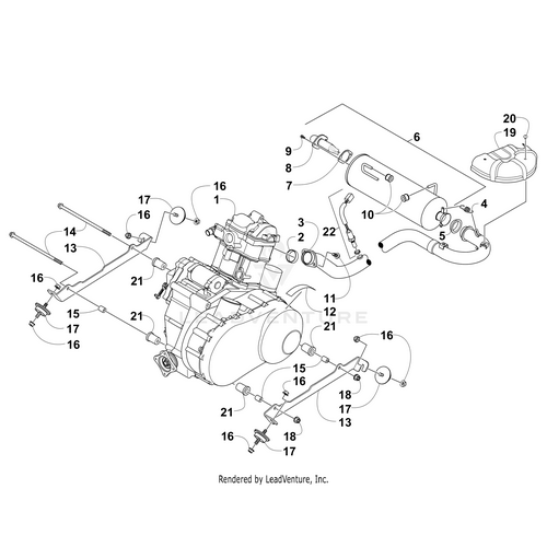 Exploded diagram of a motorcycle engine assembly with numbered parts—bolts, rods, casing, exhaust—illustrating how the Engine A550G by Arctic Cat and other OEM parts fit together in an Arctic Cat UTV.