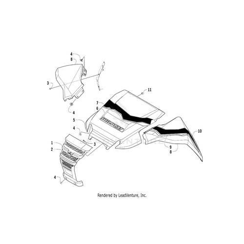 Exploded diagram of vehicle body parts, labeled 1–10, shows hood, fenders, side panels, and grill sections with OEM Arctic Cat parts—highlighting the Hood Decal Forward Tag by Arctic Cat and illustrating assembly order and placement.