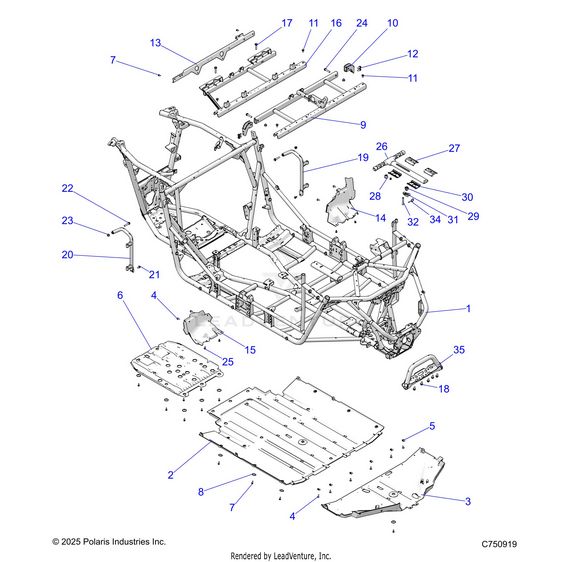 An Image of a Genuine Polaris Parts Schematic Diagram showing the schematic - CHASSIS: MAIN FRAME AND SKID PLATES - 2025 POLARIS RZR XP 4 1000 PREMIUM