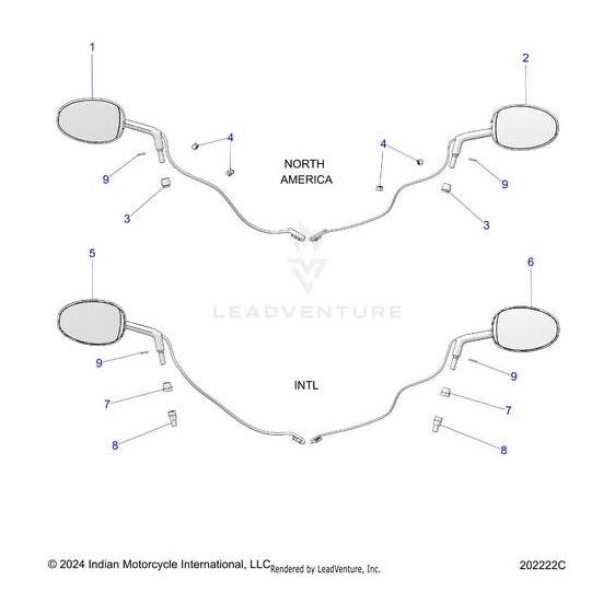 Diagram showing detailed parts of the Mirror Ind LH Bsd Chrome | [Includes 3] by Polaris for North America (top) and International (bottom), with numbered components and arrows indicating assembly positions.