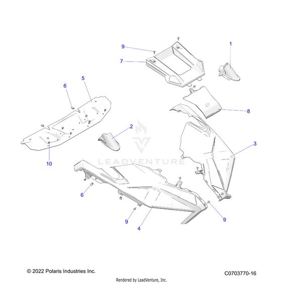 An Image of a Genuine Polaris Parts Schematic Diagram showing the schematic - BODY: HOOD RIDE COMMAND - 2023 POLARIS RZR PRO R RIDE COMMAND